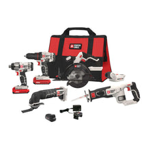Load image into Gallery viewer, PORTER-CABLE 20V MAX* 6 Tools Combo Kit Cordless Drill Set, Impact Driver, Circular Saw, Reciprocating Saw, Oscillating Tool, Cutting Blade, Flashlight and USB Charger (PCCK617L6)
