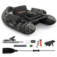 Load image into Gallery viewer, Goplus Inflatable Float Tube, Fishing Belly Boat w/Paddle, Flippers, Fish Ruler, Pump, Storage Bag, Adjustable Straps, 350LBS Load Capacity (Camouflage, W/Rod Holder)
