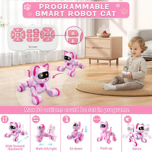 Remote Control Robot Cat, Programmable RC Smart Cat with Touch Sensing, LED Eyes Dance & Music Walking Pets