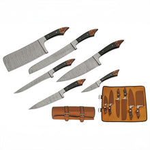 Load image into Gallery viewer, SANZ Damascus Kitchen Knife 6 Pcs - Chef Knife with Wood Handle, Full Tang Blade &amp; Sheath - Outdoor Knife for kitchen, Camping &amp; Outdoor uses
