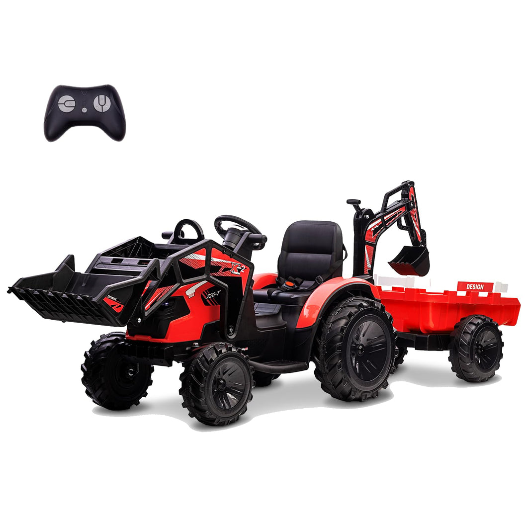 3 in 1 Ride on Tractor, 24V Ride on Excavator with Remote Control, Kids Electric Vehicles w/Trailer, Shovel Bucket, Digger, Red