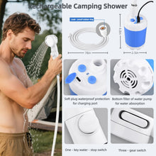 Load image into Gallery viewer, Portable Shower for Camping, Rechargeable Portable Camping Shower Pump with USB-C, Camp Shower with 3 Spray Modes, Outdoor Shower Kit for Camping, RV, Travel, Pet Bath, Watering Plants (+ Mesh Bag)
