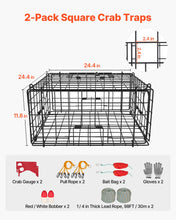 Load image into Gallery viewer, VEVOR Crab Trap, 2 Packs, 24.4x24.4x11.8 inch Heavy Duty Large Crab Pot Trap for Dungeness, Black PVC Coated Wire Mesh for Stealth, with Gauge, Red/White Float, 100ft Leaded Core Rope, and Gloves
