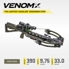 Load image into Gallery viewer, TenPoint Venom X, Moss Green - 390 FPS - Lightest ACUslide Bow Ever - Includes Pro-View 400 Scope, Polymer Scope Struts, ACUslide &amp; Three Pro Elite 400 Carbon Arrows
