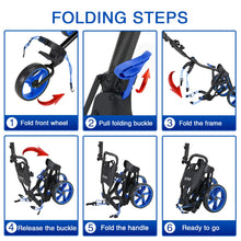 Load image into Gallery viewer, KVV 3 Wheel Foldable/Collapsible Golf Push Cart Ultra Lightweight Smallest Folding Size, New-Version Scorecard Holder Free Umbrella Holder Included(Black/Blue)
