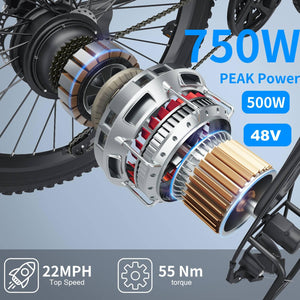 500W 26" Electric Bike for Adults, [Peak 750W], 48V 10.4Ah Battery, Up to 55 Miles, 3H Fast Charge, Electric Mountain Bike, 2.1"