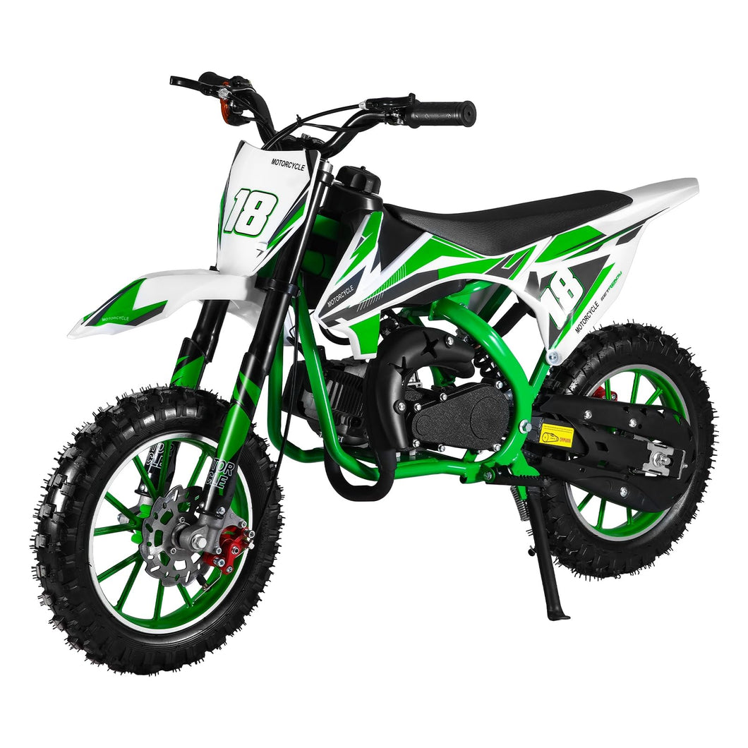 49cc Kids Dirt Bike, 2 Stroke Motorcycle with Off-Road Tires, Dual Disc Brakes, Shock Absorbers, Soft Seat Cushion, Gas Power, Green
