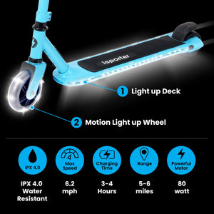 =Kids Electric Scooter for Boys and Girls Ages 6-12 or 8-12, with Hand Accelerator, LED Lights, 2 Speed Levels, 110lbs Max and Height Adjustable