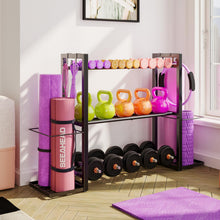 Load image into Gallery viewer, 3-Tier Adjustable Dumbbell Rack Heavy Duty Metal Storage Rack, Dumbbell Weight Rack and Kettlebells Rack, Yoga Mat Organizer, Multi-Purpose Gym Equipment Storage Stand for Home Gym Accessories

