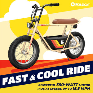 36V Electric Minibike with Retro Style, Up to 15.5 MPH, Up to 11.5 Miles Range, Wide, Rugged 16" Air-Filled Tires, Tan