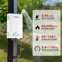 Load image into Gallery viewer, CAMPLUX Portable Propane Water Heater 2.64GPM, 3.3GPM Pump &amp; Pipe Strainer, 68,000 BTU for Camping &amp; Off-Grid Cabins
