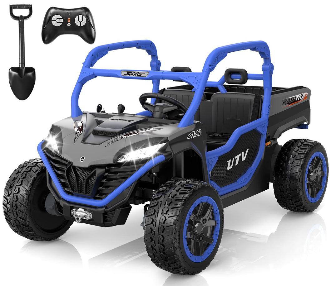 24V 2 Seater Ride On Dump Truck, 4x75W, Max 5 Mph, EVA Tire, Kids Electric Car with Electric Dump Bed, Shovel, Music, 24V Ride On Toy, Blue