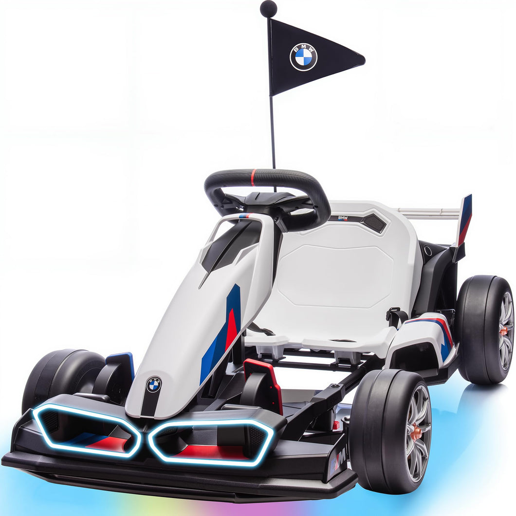 24V 9AH Electric Go Kart with Adjustable Seat  2 * 200W Motors, Drift Mode and 2 Speed, Licensed BMW (White)