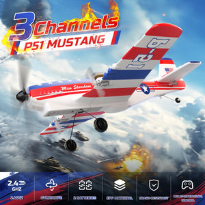 RC Plane 3 Channel P51D Mustang Remote Control Airplane Fighter Toys,2.4GHz 6-axis Gyro Stabilizer RTF Glider Aircraft Plane with 2 Batteries