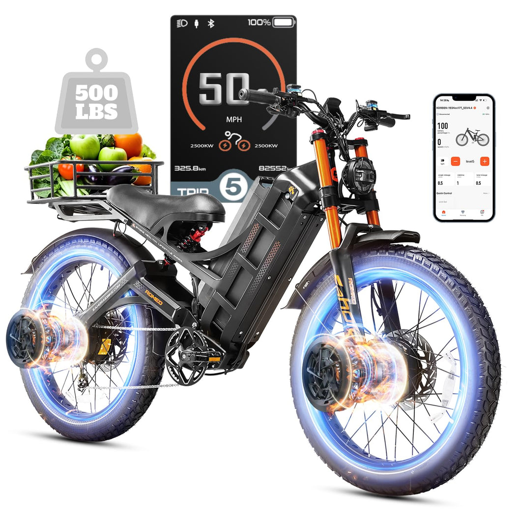 Romeo Pro 3 Adults Electric Bike 5000W 50MPH Dual Motor Electric Bike 60V 80AH Long Range Electric Mountain Bike Air Damper
