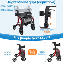 Load image into Gallery viewer, Rollator Walker for Seniors/Adults Foldable Rolling Walker with Seat 330 lbs Capacity 10 inch Wheels Hand Grips Adjustable Height Lightweight Durable Aluminum Walker Removable Back Support (Red)
