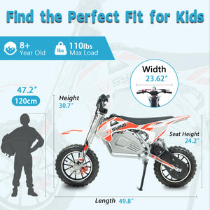 Electric Dirt Bike, 36V 500W Off-Road Electric Motocycle for Kids 8-14 Yrs,15 MPH Peak Speed, Dual Suspension High Torque Motor