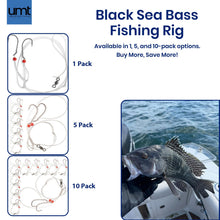 Load image into Gallery viewer, UMT Sea Bass Hi/Lo Saltwater Fishing Rigs 10 Pack, 3/0 Bait Hook, 60lb Heavy Duty Mono, 80lb Swivel &amp; Sinker Loop, Hand Tied for Fluke Porgy Snapper Croaker Sea Trout Tautog Spot Pompano
