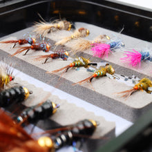 Load image into Gallery viewer, Fly Fishing Flies Trout Assortment 54pcs Dry Nymph Flys Sanjuan Worms Salmon Eggs Wooly Buggers for River Rainbow Trouts
