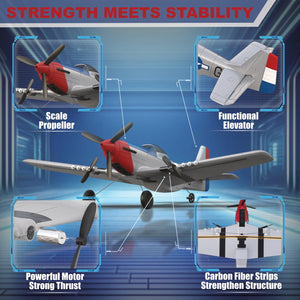 RC Plane for Beginners, P51 Remote Control Airplane for Adults, 2.4GHz 3 Channel Fighter Featuring 6 Axis Gyro Stabilizer Comes with 2 Batteries, Easy to Fly