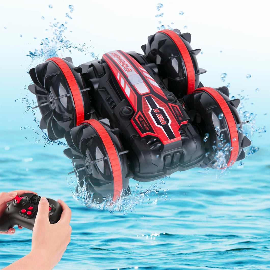 Amphibious RC Car, 2.4GHz Off-Road Stunt Truck, All Terrain 4WD Remote Control Toy, Land Water Vehicle with 360° Rotation for Kids (Red)