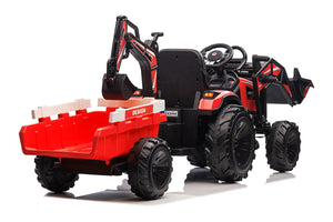 3-in-1 Ride On Tractor, 24V Ride On Car Toy Excavator & Bulldozer - Battery-Powered Electric Vehicle w/Trailer, Digger, Red