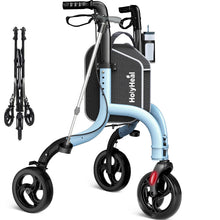 Load image into Gallery viewer, HolyHeal 3 Wheel Walkers for Seniors, Lightweight Rollator Walkers Foldable for Elderly with Cane Hold and Cup Hold, Height Adjustable Aluminum Three Wheel Rolling Walker Mobility Aid, Blue
