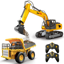 Load image into Gallery viewer, RC Excavator and Dump Truck Toy Set，2.4Ghz Metal Remote Control Construction Vehicle with Light &amp; Sound
