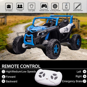 2 Seater 24V Ride on Car with Remote Control, 4x4 Battery Powered Electric Vehicle, Side by Side 4WD Ride on Toy UTV for Kids, Blue