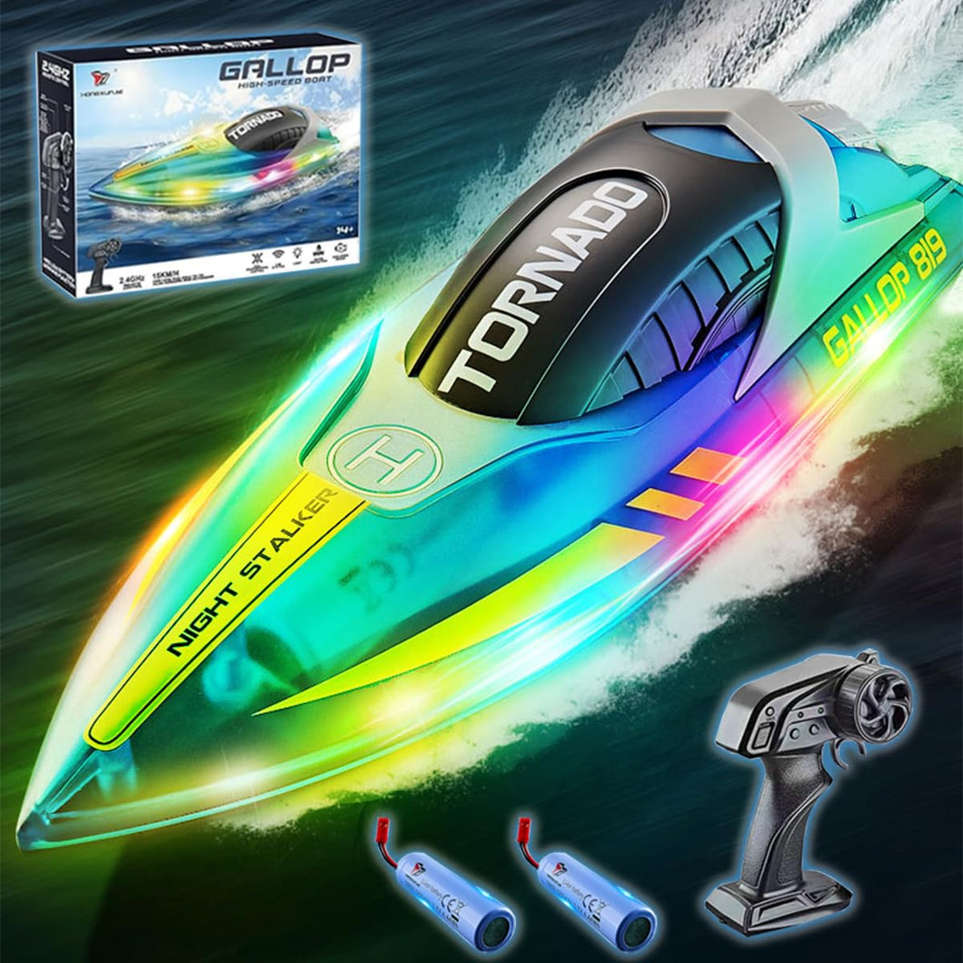 RC Boat with LED Light for Kids, 15KM/H, 2.4G Remote Control Boat with LED Lights, RC Electric Boats for Pools and Lakes