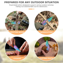 Load image into Gallery viewer, Premium Hunting Knife with Leather Sheath, 4.2" Damascus Style Fixed Blade Knife, Rainbow Titanium Coated German High Carbon Steel, Two-Tone Wood Handle,Unique Outdoor EDC Knife Gift for Men and Women (Dazzling colors) (Rainbow-color)
