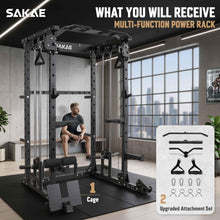 Load image into Gallery viewer, SAKAE Squat Rack, Multi-Function Power Cage with Adjustable Cable Crossover System for Strength Training, Power Rack with LAT Pulldown, Pull-Up Bar, Dip Bars &amp; Training Attachments
