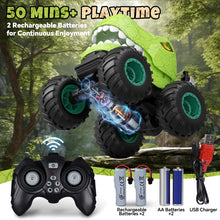 Load image into Gallery viewer, Remote Control Car for Boys Age 4-7 8-12, 50min+ Runtime Dinosaur Monster Truck Toy with Spray, Light, Music, 360 Rotating
