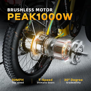 1000W Folding Electric Bike, 48V 20.8AH Large Removable Battery E-Bike, 30+MPH, 80 Miles Max Range