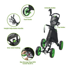 Load image into Gallery viewer, FLAGTAG Golf Push Cart 4-Wheels,Folding Golf Cart, Golf Pull cart with Cup Holder,Umbrella Holder,Cooler Bag, Foldable with one-Click,Handle Height Adjustable,Drink Holder,Walking Push cart
