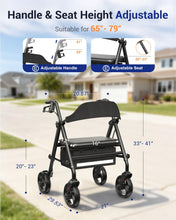 Load image into Gallery viewer, Telgome Rollator Walker with Seat, Foldable Walkers for Seniors with Seat, Thickened Frame 350 lbs Load, Height Adjustable,8'' Big Wheels, Rolling Walker,Black
