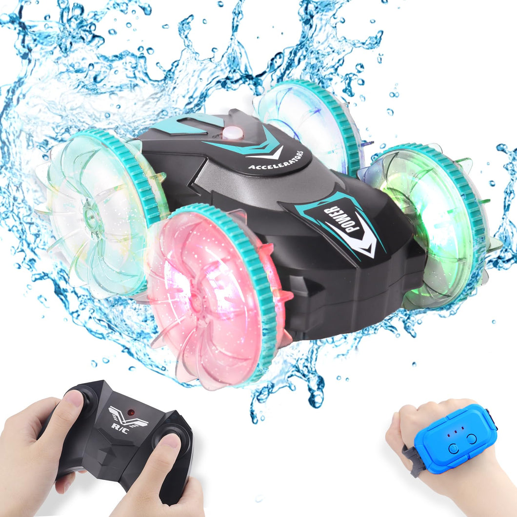 Amphibious RC Car for Kids Ages 8-13 – 2-in-1 Waterproof Remote Control Car & Boat with 360° Spins, Flips, LED Wheels