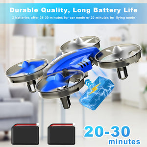 Mini Drone for Adults, Drones & Cars 2 in 1 Toy with One Key Take Off-Landing, Altitude Hold, Headless Mode, 360° flip, Car Mode, 2 Batteries,