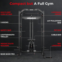 Load image into Gallery viewer, Mikolo F4 2.0 Power Cage with Dual-Track Smooth Pulley System, 1200LBS Power Rack with Leg Hold-Down for Heavy LAT Pulldowns, All-in-One Squat Rack with More Training Attachments for Home Gym (Black)

