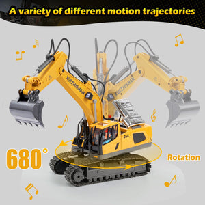 Remote Control Excavator Toys for Boys Turns 680-degree 2 Batteries Metal Shovel Lights/Sounds Construction Toys
