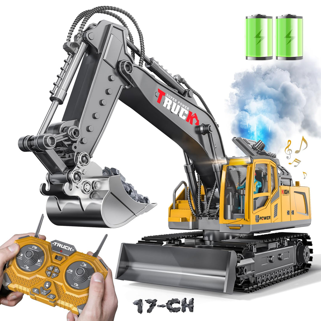 17CH Remote Control Excavator Construction Toy for Boys - 2400mAh RC Excavator Toy with Metal Shovel/Spray/Lights/Sounds