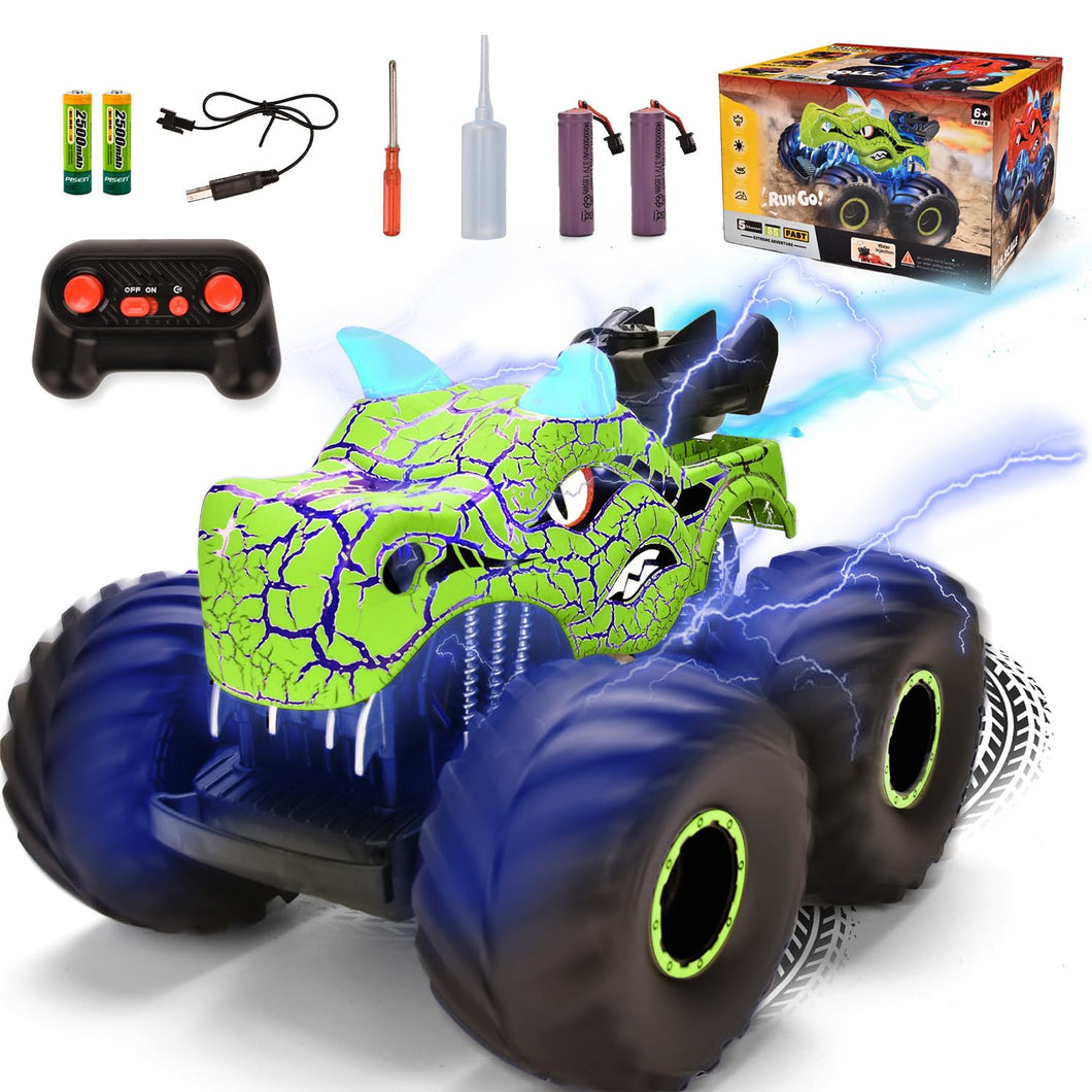 Remote Control Dinosaur Car Toys for Kid Boys, 2.4GHz RC Monster Truck Toys with Spray, Light, Sound (Green)