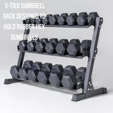 Load image into Gallery viewer, Rep Fitness Dumbbell Rack | 3-Tier Compact Holder | Fits Sets 5-50 lb | Weight Storage Stand | Rubber Hex Organizer | Free Weights Shelf | Heavy Duty Steel Frame | Gym Equipment for Home (Matte Black)
