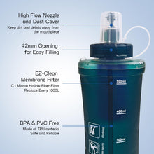 Load image into Gallery viewer, GUYI 1.0L Collapsible Water Filter Bottle, Removes Impurities, BPA Free, Ultralight for Hiking, Camping, Cycling &amp; Travel-Dusty Blue
