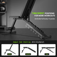Load image into Gallery viewer, Adjustable Weight Bench for Home Gym, Foldable Workout Bench for Full Body Fitness Dumbbell Exercise, 600LBS Incline Decline Flat Bench with Resistance Bands for Strength Training
