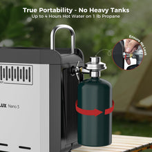 Load image into Gallery viewer, CAMPLUX Nano 3 Portable Propane Water Heater with Pump Kit, Compact &amp; Lightweight Design, Quick Connect Pump Cables &amp; Extension Hoses, Outdoor Camping Shower for Off-Grid Cabin, Hiking, RV
