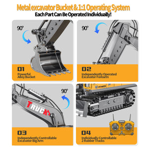 17CH Remote Control Excavator Construction Toy for Boys - 2400mAh RC Excavator Toy with Metal Shovel/Spray/Lights/Sounds