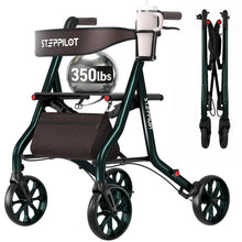 Load image into Gallery viewer, StepPilot Zero Wobble Rollator Walker with Seat for Seniors, 350lb Capacity, 18" Extra Wide Seat, 8" Wheels &amp; Dual Brake, One-Hand Folds to 9.6", 7-Level Handle Adjustable, Cup Holder &amp; Cane Clip

