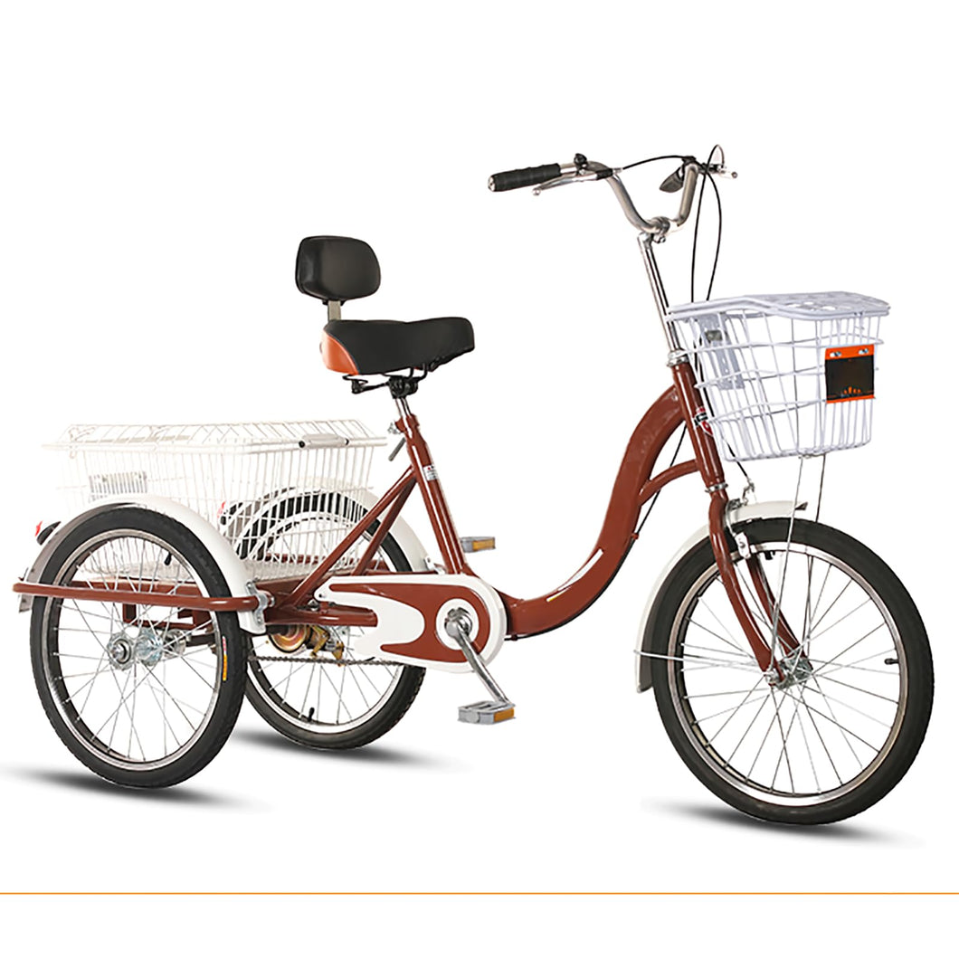 20 inch Adults Trike Tricycle, Single Speed 3 Wheel Bike Adult Trikes for Women Men Seniors, Brown