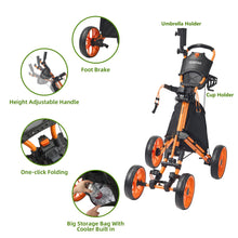 Load image into Gallery viewer, FLAGTAG Golf Push Cart 4-Wheels,Folding Golf Cart, Golf Pull cart with Cup Holder,Umbrella Holder,Cooler Bag, Foldable with one-Click,Handle Height Adjustable,Drink Holder,Walking Push cart
